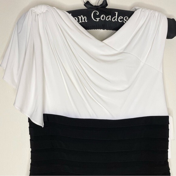 Adrianna Papell Sheath Dress Cowl Neck Drapey Shoulder New Black White Size 6 - Picture 2 of 11